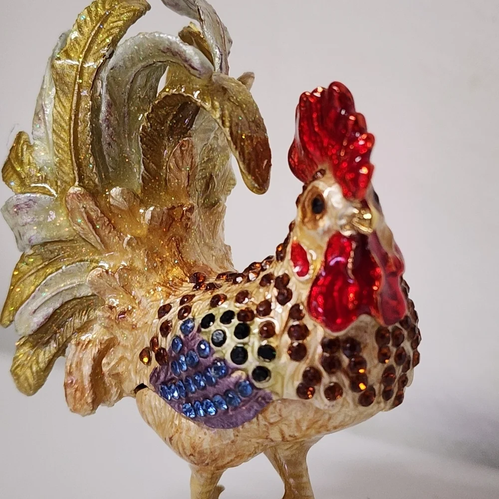Vintage Trinket Box Rooster Jeweled Rhinestone Enameled Magnetic Close Funky